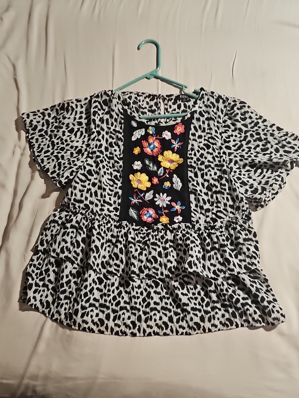 ODDY Black & White Leopard Print Ruffle Top with Colorful Floral Embroidery